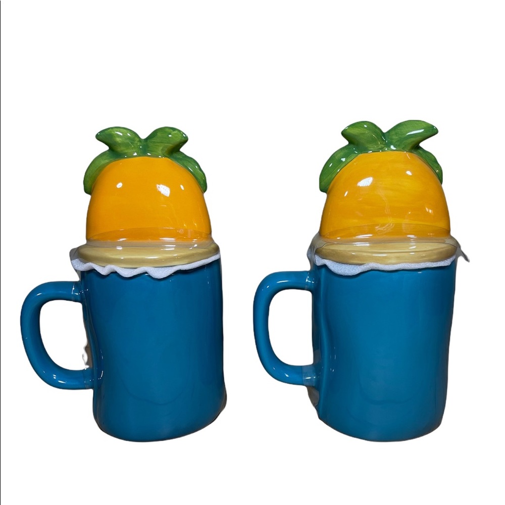 ⚡️SOLD⚡️Rae Dunn "Beach Therapy" Coffee Mug w/ Topper Lid Palm Tree 2 Set Mugs - Picture 4 of 11